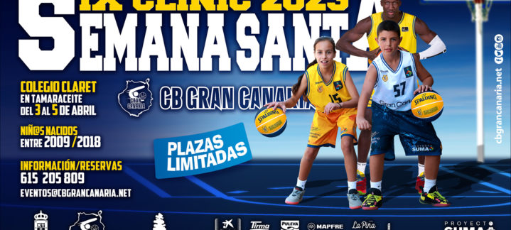 Clínic de baloncesto con niños sosteniendo balones, fechas y datos de inscripción.