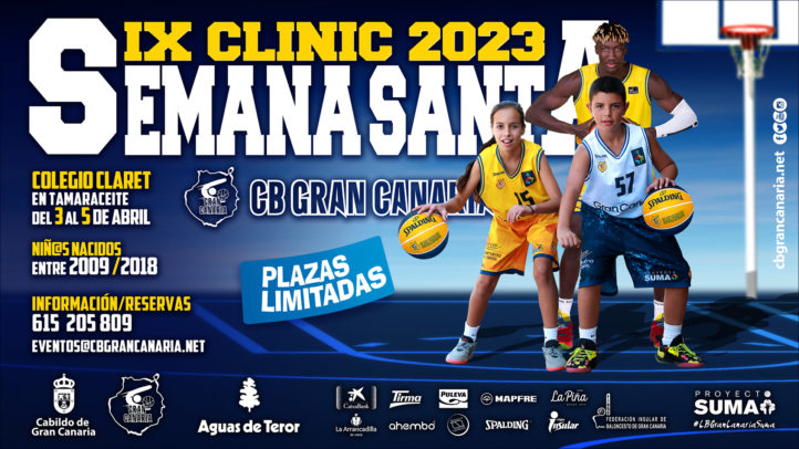 Clínic de baloncesto con niños sosteniendo balones, fechas y datos de inscripción.