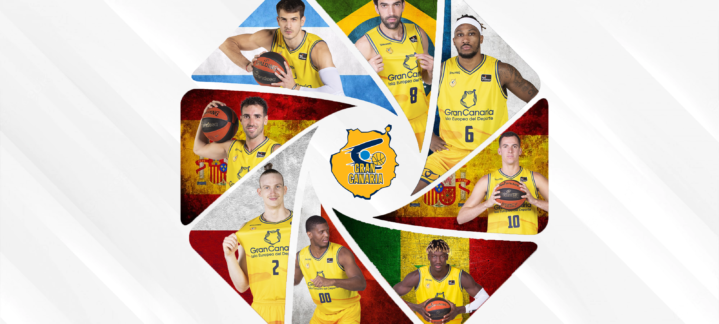 de gira por el mundo con la 'ventana FIBA'",Ocho jugadores del Gran Canaria en un diseño gráfico colorido y destacado.