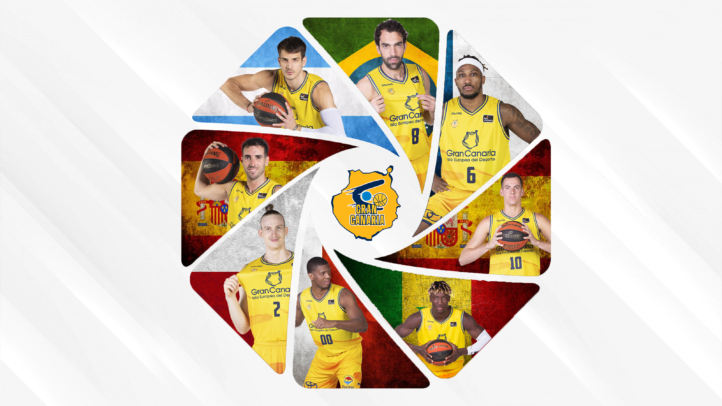de gira por el mundo con la 'ventana FIBA'",Ocho jugadores del Gran Canaria en un diseño gráfico colorido y destacado.