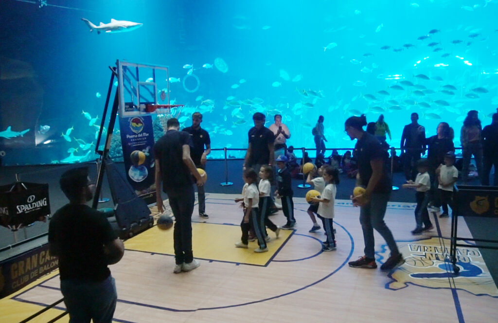 Niños y entrenadores juegan baloncesto frente a un gran acuario con peces.