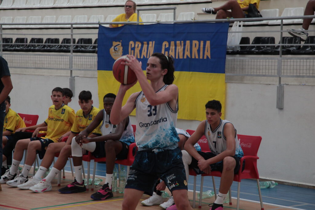 Jugador del Gran Canaria infantil se prepara para lanzar con el balón en las manos.
