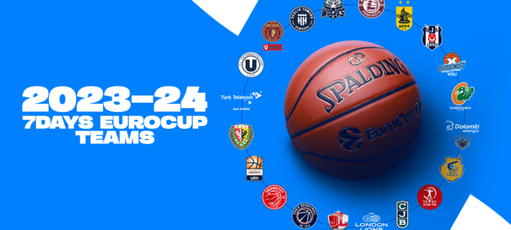 Balón de baloncesto con logos de equipos participantes en la 7DAYS EuroCup 2023-24.