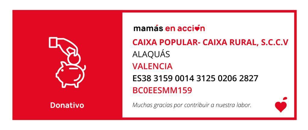 Tarjeta con información sobre donativos para Mamás en Acción y datos bancarios.