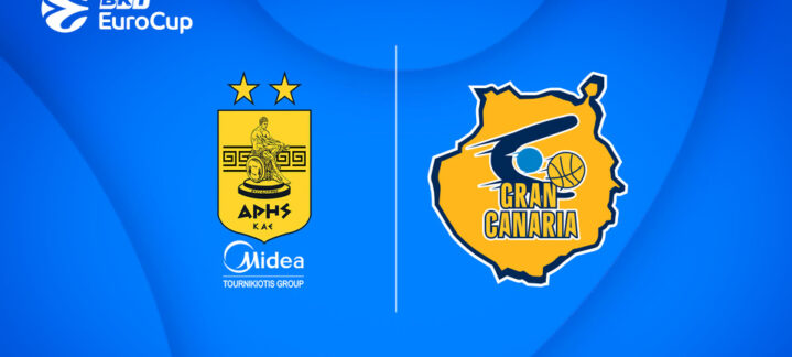 Logos de los equipos Dreamland Gran Canaria y Aris Midea Thessaloniki sobre fondo azul.