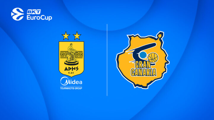 Logos de los equipos Dreamland Gran Canaria y Aris Midea Thessaloniki sobre fondo azul.