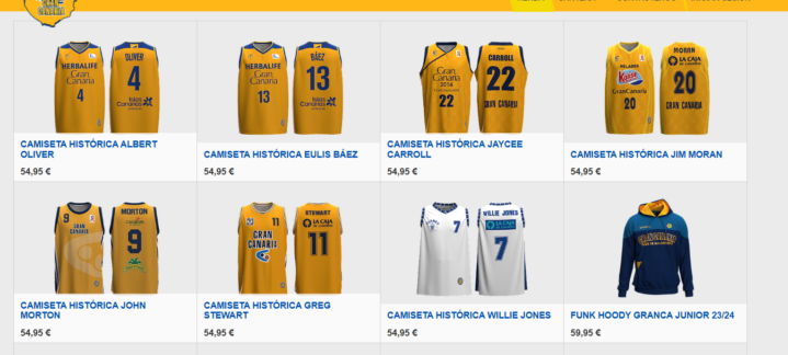 Baleares, Ceuta y Melilla en nuestra tienda online",Varios modelos de camisetas históricas del Club Baloncesto Gran Canaria en la tienda online.