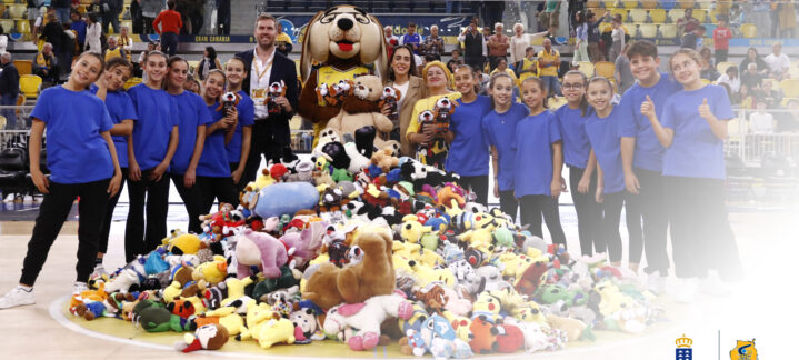 Grupo de jóvenes con peluches en una pista, celebrando la recogida solidaria.