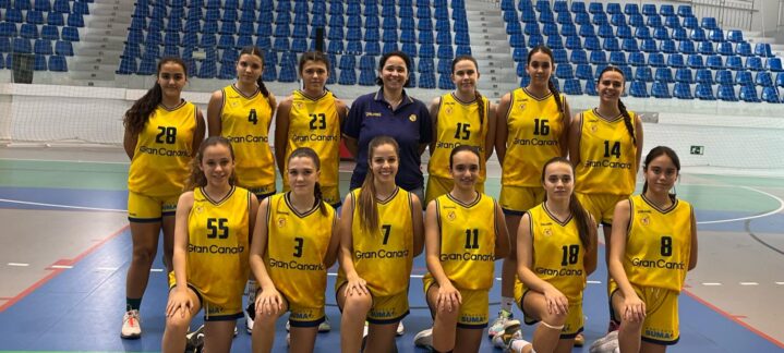 Jugadoras de la cantera del Club Baloncesto Gran Canaria en uniforme amarillo, posando en la cancha.