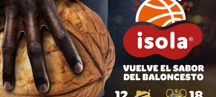 Balón de baloncesto con mano sosteniéndolo, anunciando la Copa Isola 2024.
