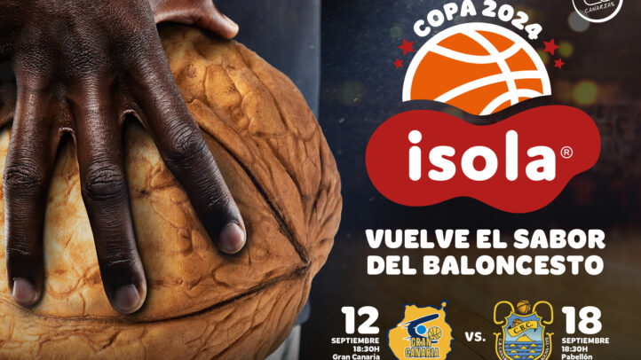 Balón de baloncesto con mano sosteniéndolo, anunciando la Copa Isola 2024.