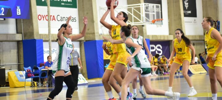 Jugadoras de baloncesto en acción durante un partido de la cantera amarilla.