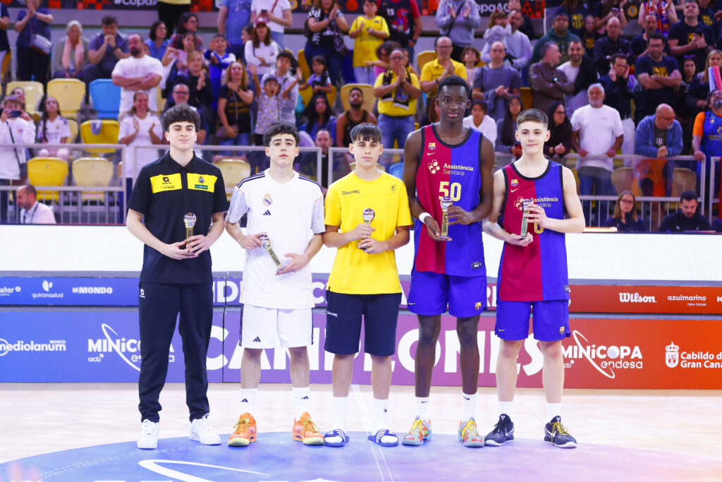 Jugadores posando tras recibir premios en la Minicopa Endesa, en un ambiente festivo.