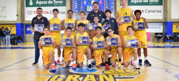 con gran ilusión al Campeonato de Canarias",Equipo preinfantil masculino del CB Gran Canaria con trofeos tras un campeonato.