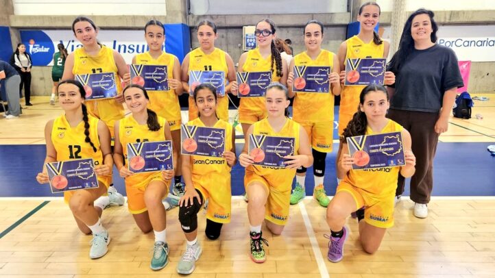 a por el Campeonato de Canarias","Jugadoras del preinfantil femenino del CB Gran Canaria con trofeos, en una pista de baloncesto.