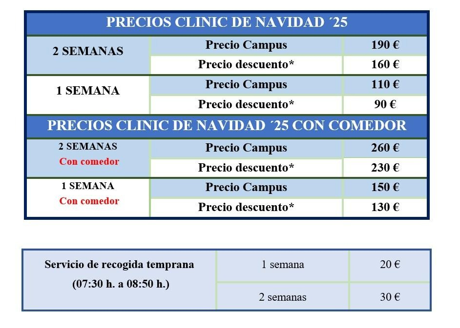 Información referida a precios y otros servicios del Clínic de Navidad del CB Gran Canaria